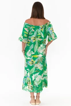 Cotton Dresses<Rosa Jojo Ornella Green Tropical Linen Cotton Dress