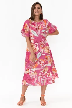Cotton Dresses<Rosa Jojo Ornella Pink Tropical Linen Cotton Dress