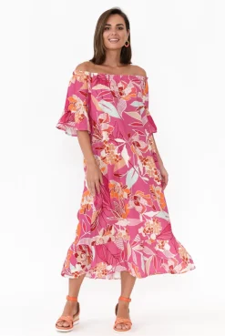 Cotton Dresses<Rosa Jojo Ornella Pink Tropical Linen Cotton Dress