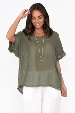Linen Tops<Talia Benson Oversized Anna Khaki Linen Tee
