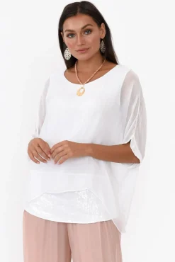 Sleeved Tops<La Strada Parker White Silk Sequin Top