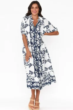 Linen Dresses<La Strada Pascale Navy Floral Linen Cotton Dress