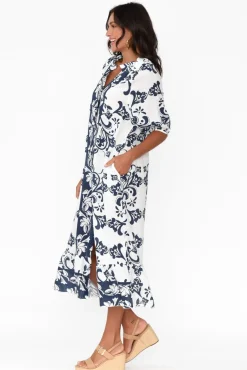 Linen Dresses<La Strada Pascale Navy Floral Linen Cotton Dress