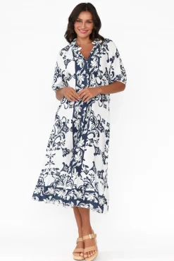 Linen Dresses<La Strada Pascale Navy Floral Linen Cotton Dress