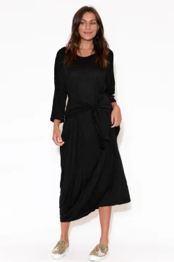 Cotton Dresses<Cotton Village Patricia Black Crinkle Cotton Tie Dress