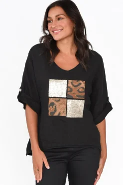 Linen Tops<La Strada Pavla Black Leopard Linen V Neck Top