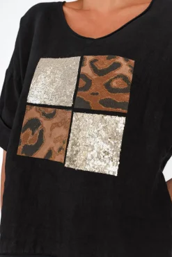 Linen Tops<La Strada Pavla Black Leopard Linen V Neck Top