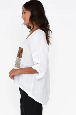 Linen Tops<La Strada Pavla White Leopard Linen V Neck Top