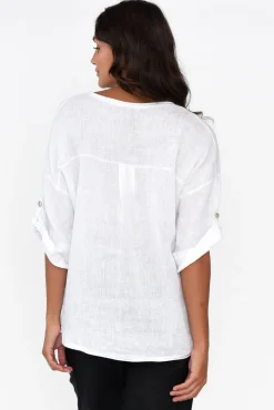 Linen Tops<La Strada Pavla White Leopard Linen V Neck Top