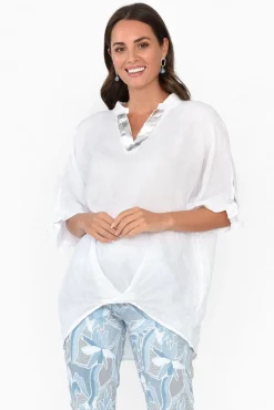 Linen Tops<La Strada Pierce White Foil Linen V Neck Top