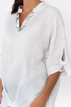 Linen Tops<La Strada Pierce White Foil Linen V Neck Top