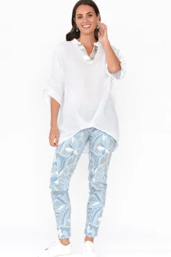 Linen Tops<La Strada Pierce White Foil Linen V Neck Top