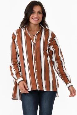 Cotton Tops<365 Days Pilar Tan Stripe Cotton Shirt