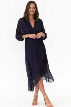 Below Knee Dresses<La Strada Prague Navy Silk Layer Dress