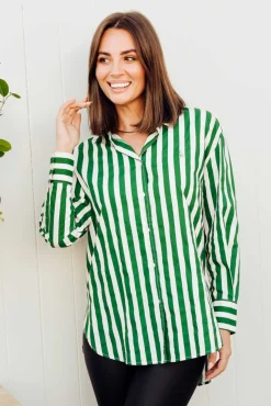 Cotton Tops<Dear Sutton Presley Green Stripe Cotton Poplin Shirt