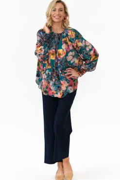 Sleeved Tops<Fate Becker Pure Shores Teal Floral Sleeved Blouse