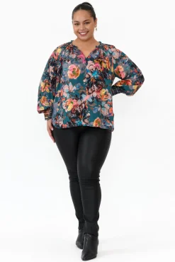 Sleeved Tops<Fate Becker Pure Shores Teal Floral Sleeved Blouse