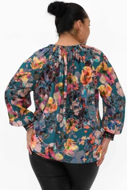 Sleeved Tops<Fate Becker Pure Shores Teal Floral Sleeved Blouse