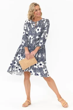 Above Knee Dresses<Cali and Co Quinta Navy Bloom Cotton Blend Dress