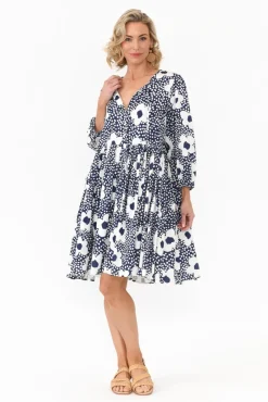 Above Knee Dresses<Cali and Co Quinta Navy Bloom Cotton Blend Dress