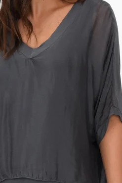 Sleeved Tops<Italian Closet Ranatia Charcoal Silk Batwing Top