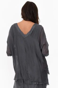 Sleeved Tops<Italian Closet Ranatia Charcoal Silk Batwing Top