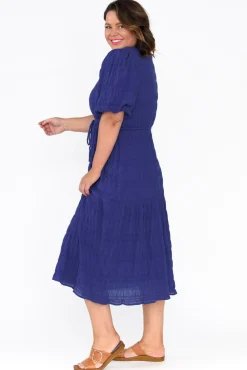 Midi Dresses<Cali and Co Rava Cobalt Cotton Tie Dress