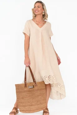Midi Dresses<Fabuler Ravella Beige Linen V Neck Dress