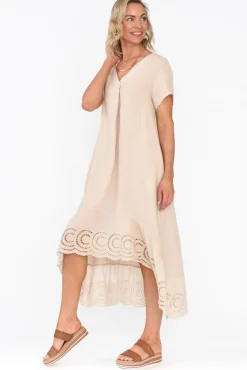 Midi Dresses<Fabuler Ravella Beige Linen V Neck Dress