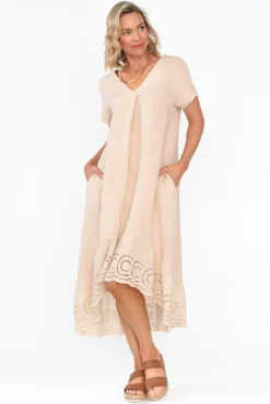 Midi Dresses<Fabuler Ravella Beige Linen V Neck Dress