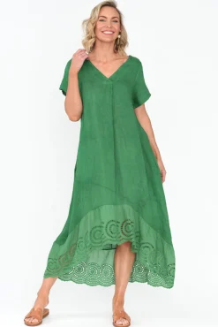 Linen Dresses<Fabuler Ravella Green Linen V Neck Dress