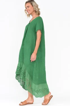 Linen Dresses<Fabuler Ravella Green Linen V Neck Dress
