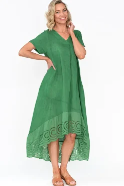 Linen Dresses<Fabuler Ravella Green Linen V Neck Dress