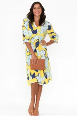 Linen Dresses<La Strada Reiko Yellow Floral Linen Blend Dress