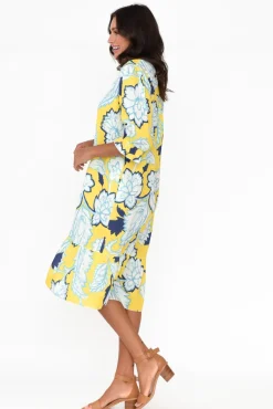 Linen Dresses<La Strada Reiko Yellow Floral Linen Blend Dress