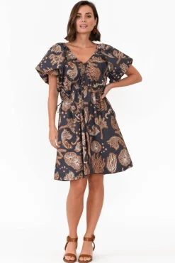 Cotton Dresses<POL Reina Navy Reef Cotton Drawstring Dress