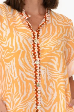 Linen Dresses<Fabuler Retro Orange Zebra Linen Shirt Dress