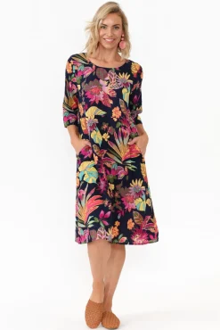 Below Knee Dresses<Willow Tree Richards Navy Bloom Linen Blend Dress