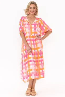 Midi Dresses<PQ Rima Pink Check Midi Dress