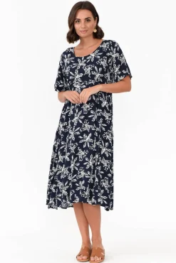 Below Knee Dresses<Willow Tree Roberta Navy Flower Midi Dress