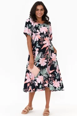 Below Knee Dresses<Willow Tree Roberta Pink Hibiscus Midi Dress
