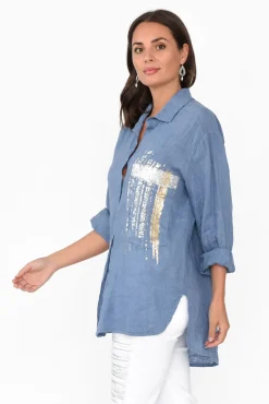 Linen Tops<La Strada Roda Blue Foil Linen Shirt