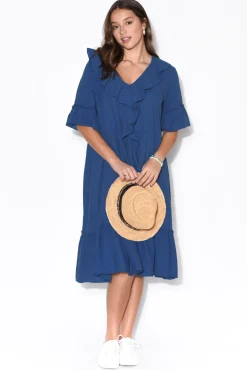Linen Dresses<Wednesday Lulu Ronnie Blue Linen Ruffle Dress