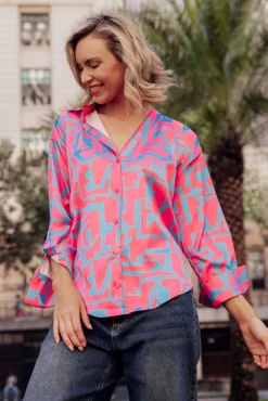 Shirts<Slate the Label Rosita Pink Geo Satin Collared Shirt