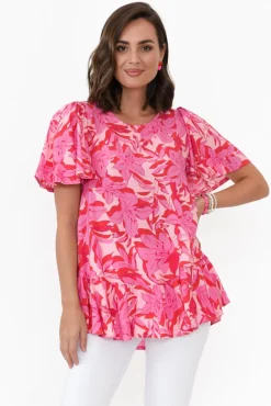 Sleeved Tops<New U Collection Roswell Pink Tropical Ruffle Top