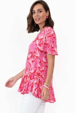 Sleeved Tops<New U Collection Roswell Pink Tropical Ruffle Top