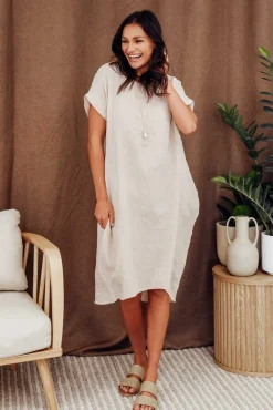 Linen Dresses<Cali and Co Rudy Natural Linen Pocket Dress
