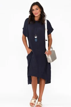 Linen Dresses<Cali and Co Rudy Navy Linen Pocket Dress
