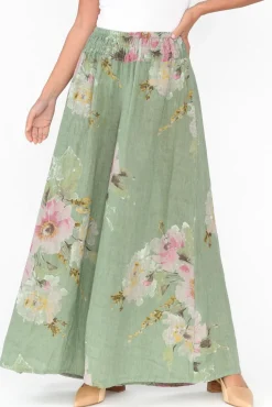 Pants<Donna Donna Rumi Sage Floral Wide Leg Linen Pant