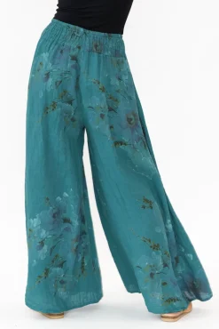 Pants<Donna Donna Rumi Teal Floral Wide Leg Linen Pant